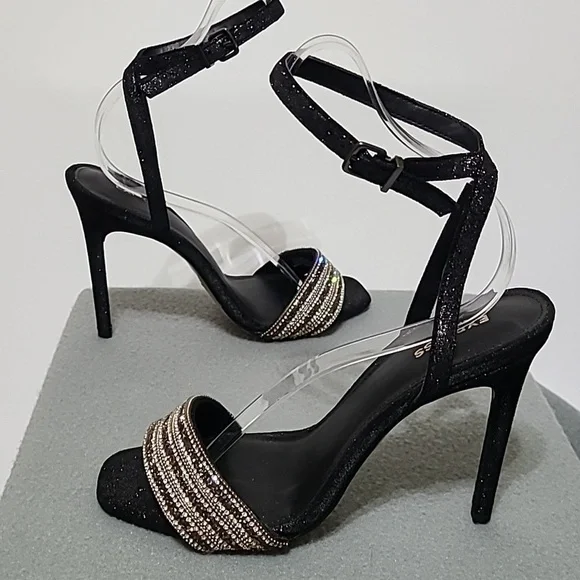 EXPRESS Women's Black Rhinestone Strappy 4 inch Open Toe Heels - Size 7.5 - Picture 5 of 12